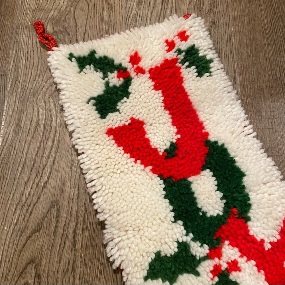 Vintage “Joy” Latch‎ Hook Yarn Design with Holly Accents and Red Corduroy